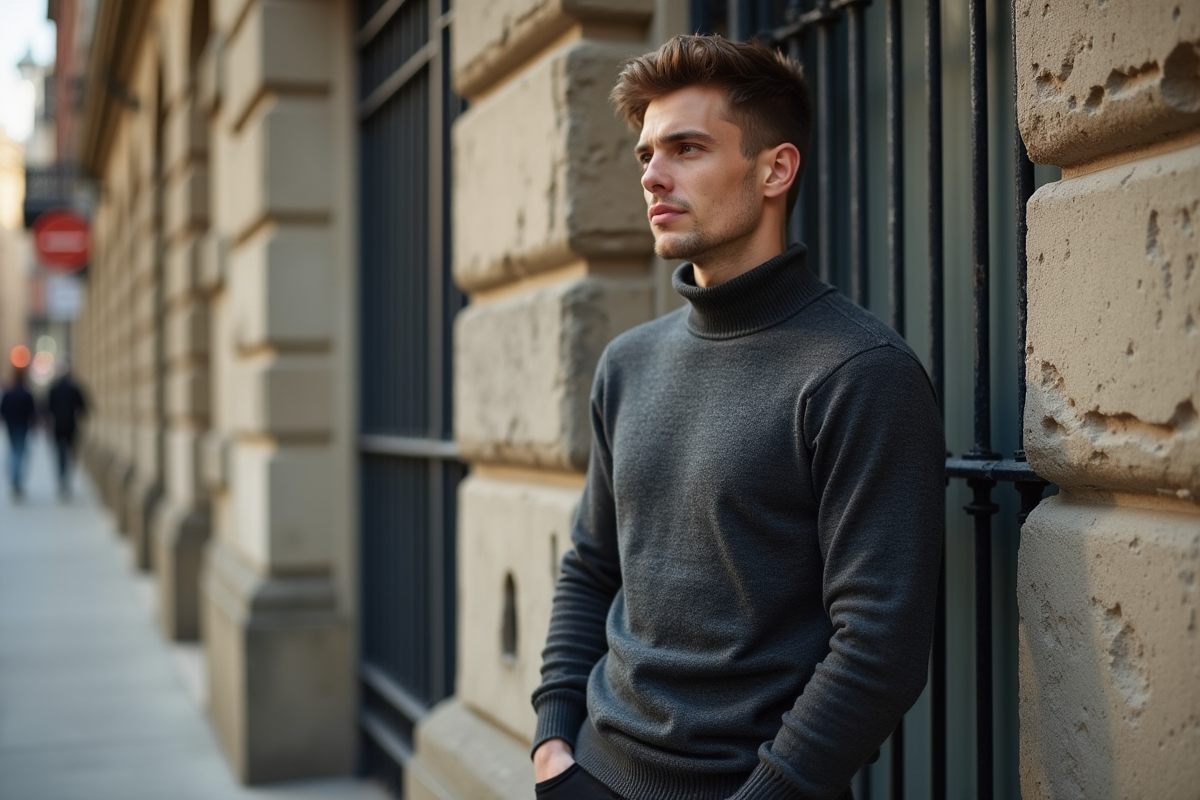 Homme en pull gris fonce et jeans dans une rue urbaine