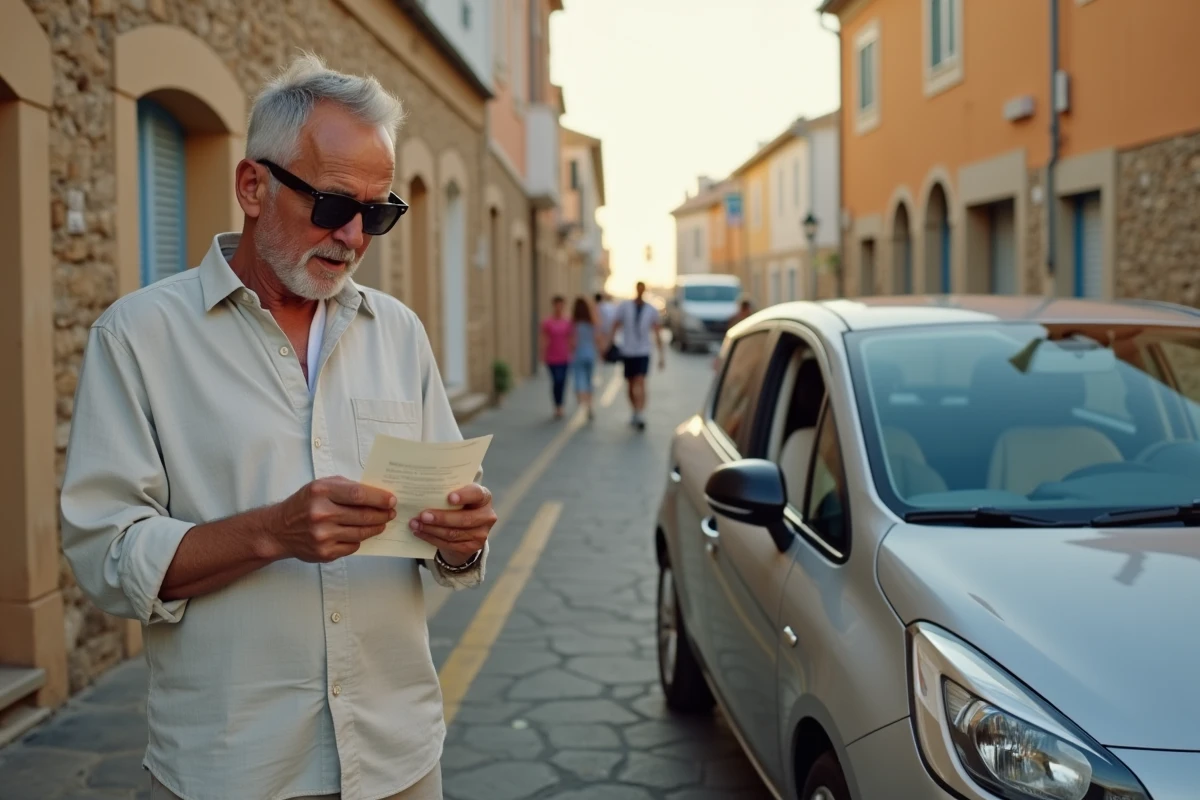 Homme lisant un ticket de parking dans une rue pittoresque du village de Le Barcarès en été