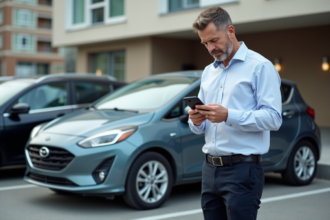 Homme d'âge moyen examinant la valeur de sa voiture en ligne