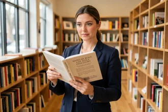 Femme tenant un livre ouvert montrant la première et quatrième de couverture dans une librairie indépendante, illustrant l'impact marketing visuel d'un ouvrage