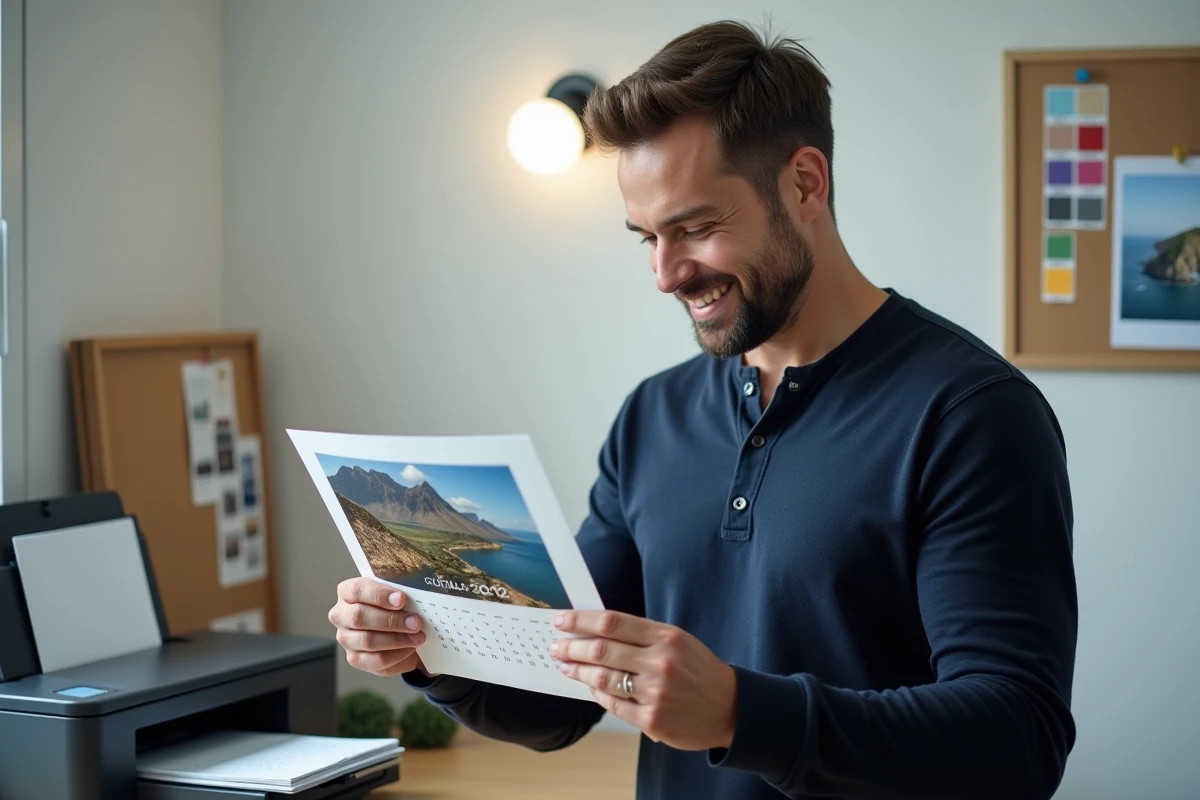 Homme tenant une page de calendrier 2026 imprimée avec une photo personnalisée devant une imprimante