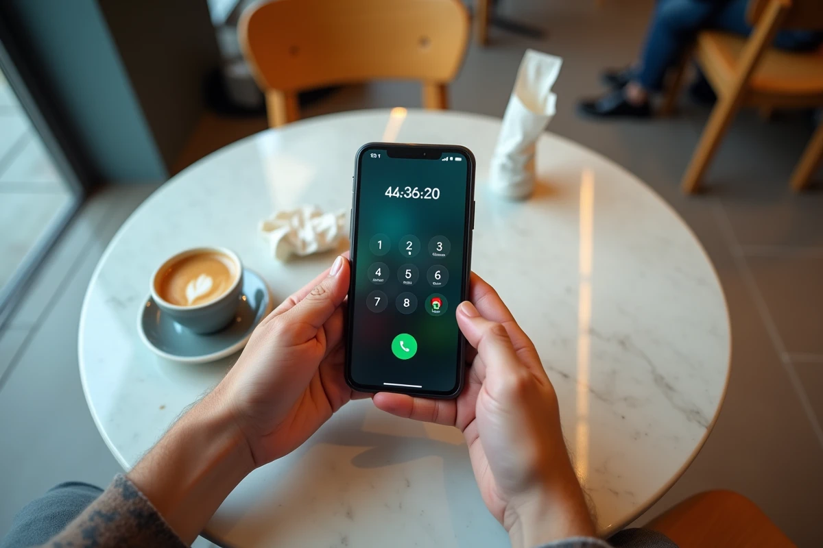 Gros plan sur un smartphone affichant un indicatif international pour appeler l'Algérie dans un café
