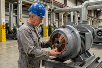 Ingénieur industriel inspectant un moteur synchrone sur une installation de production en usine
