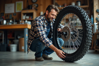 Homme inspectant une roue de moto dans un garage organisé