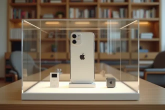 iPhone original premier modèle exposé dans une vitrine de collection Apple avec accessoires vintage sur étagère en bois