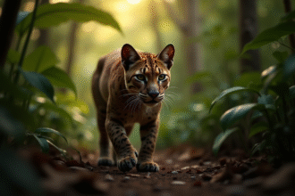 Jaguarundi marchant dans la forêt tropicale lumineuse