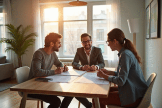 Jeune couple discutant immobilier dans un appartement lumineux