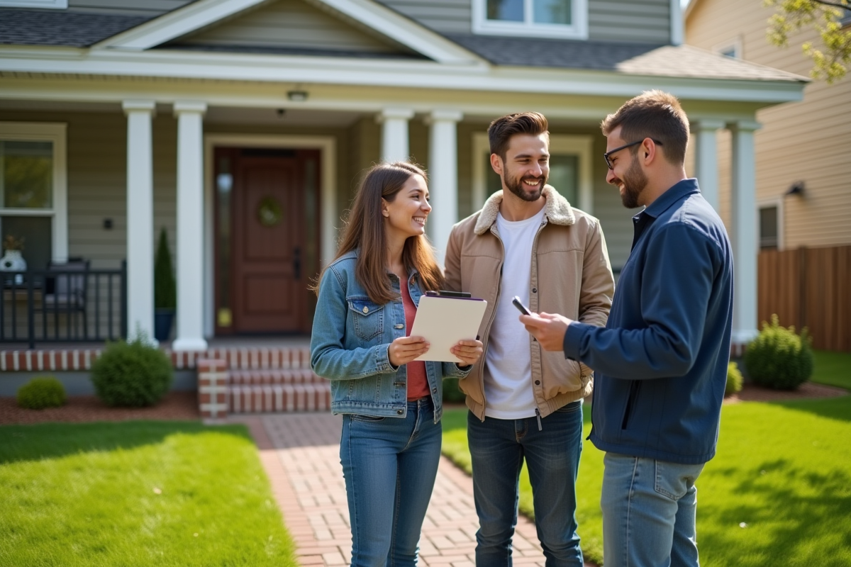 Jeune couple souriant devant une maison dans un quartier résidentiel