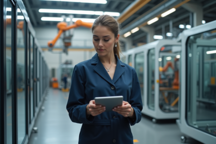 Jeune ingénieure en combinaison bleue examine un bras robotique