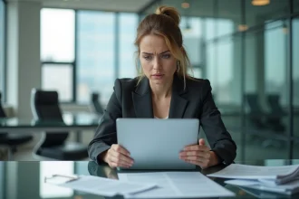 Jeune femme d'affaires concentrée dans un bureau moderne