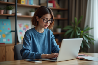 Jeune femme au bureau avec infographies sur l'IA