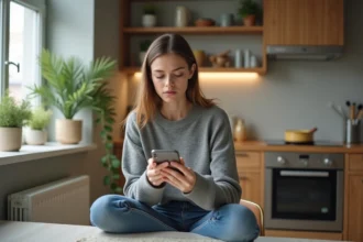 Jeune femme en cuisine studieuse avec smartphone