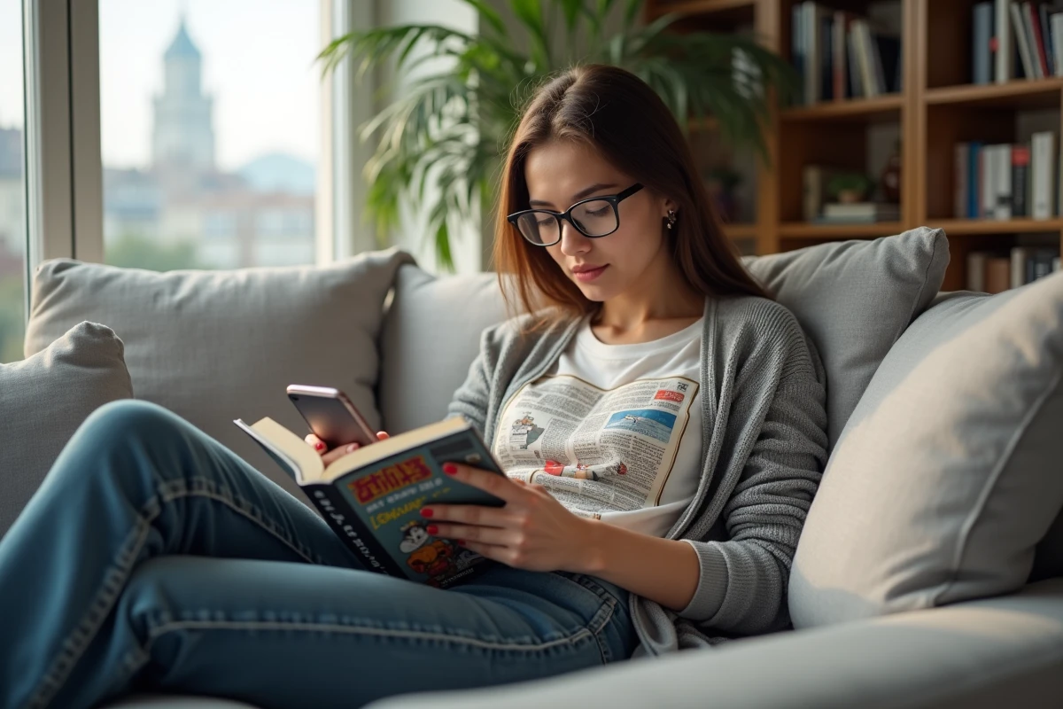 Jeune femme lisant manga sur smartphone dans un salon lumineux