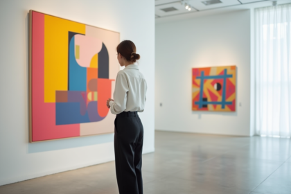 Jeune femme examine une peinture abstraite dans un musee d'art