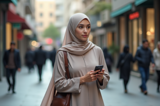 Jeune femme musulmane en abaya moderne dans une rue animée