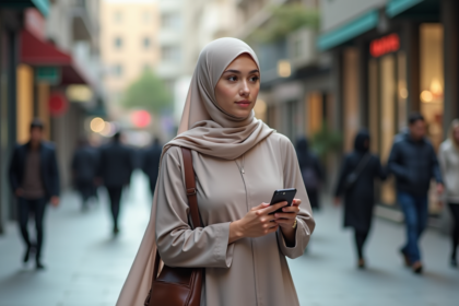 Jeune femme musulmane en abaya moderne dans une rue animée