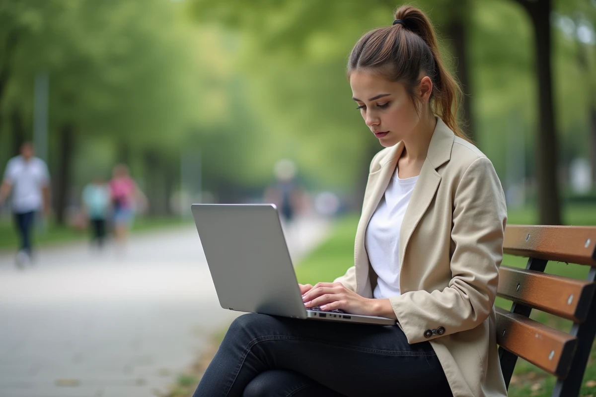 Jeune femme dans un parc cherchant à identifier un numéro inconnu sur son téléphone à côté d'un ordinateur portable
