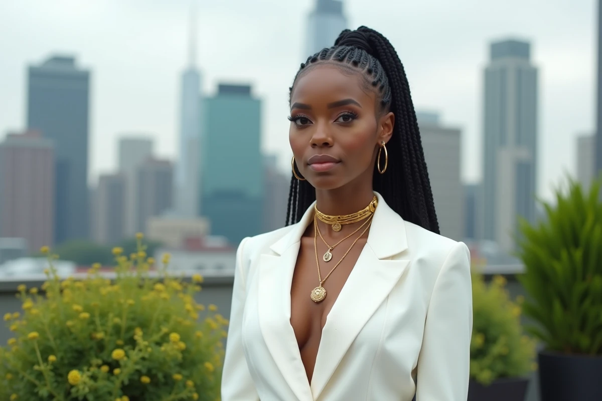 Jeune chanteuse pop noire en costume blanc sur un toit urbain