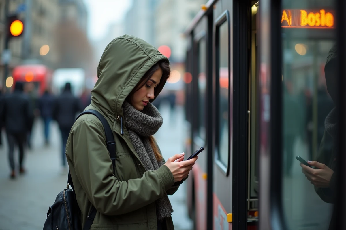 Jeune femme vérifiant une application de transport en extérieur