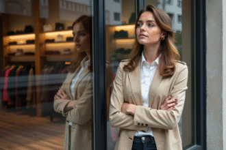 Jeune femme élégante regardant par la vitrine d'une boutique