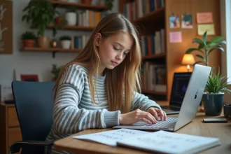 Jeune fille en jeans et pull rayé travaillant sur son ordinateur