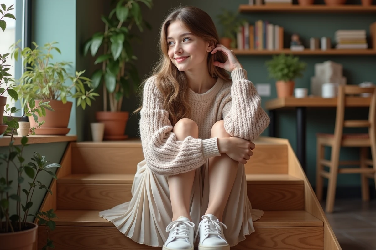 Jeune fille en pull pastel et jupe dans un café cosy en intérieur