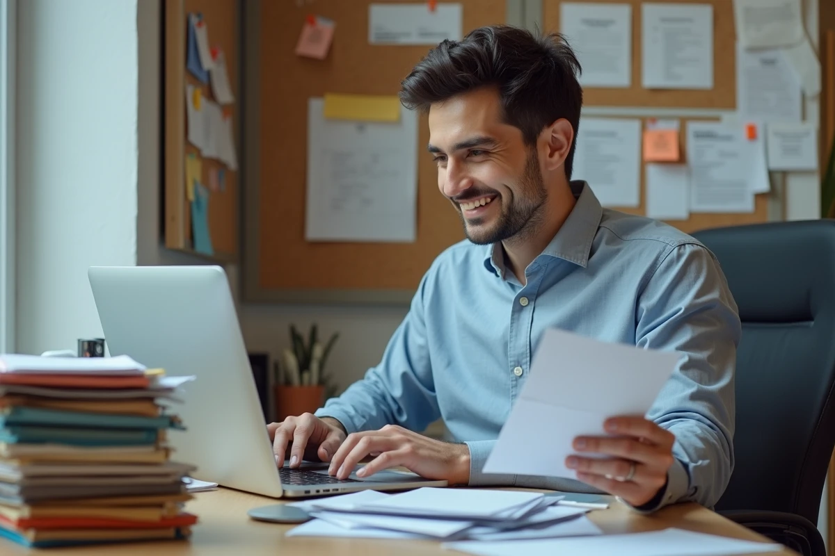 Jeune homme travaillant avec ordinateur et enveloppes