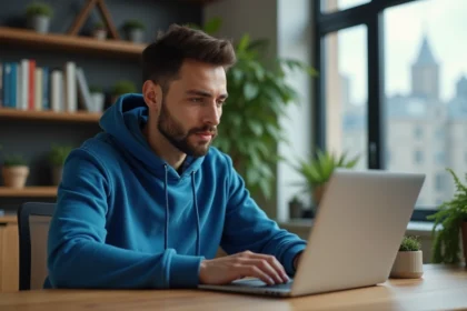 Jeune homme concentré travaillant sur son ordinateur dans un bureau moderne