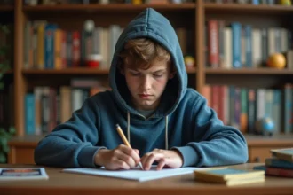 Adolescent en hoodie code sur son laptop avec cartes Pokémon