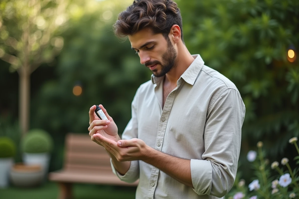 Jeune homme examinant un tube de remède homeopathique dans le jardin