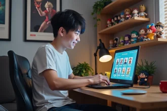 Jeune homme jouant avec codes de redemption dans une chambre anime