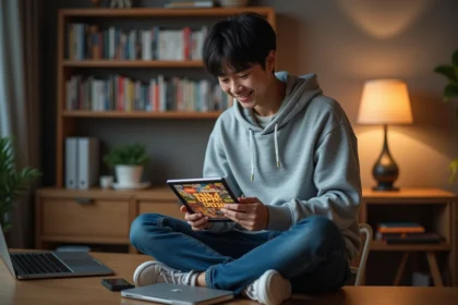 Jeune homme lisant manga sur tablette dans un bureau cosy
