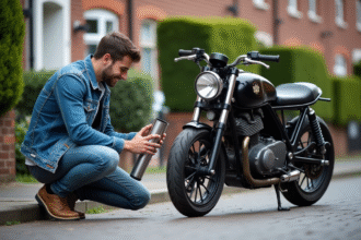 Jeune homme en denim ajuste un pot d'échappement de moto