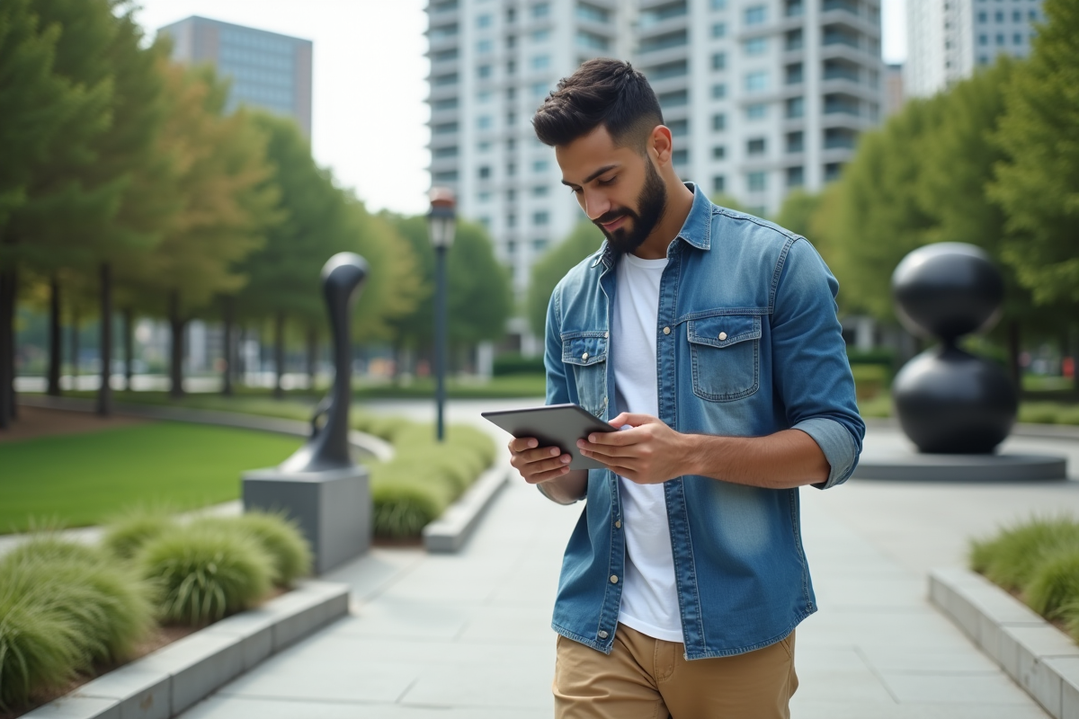 Jeune homme en décontracté dans un parc urbain avec tablette
