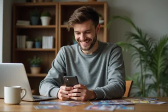 Jeune homme souriant en jouant à Pokémon TCG à la maison