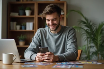 Jeune homme souriant en jouant à Pokémon TCG à la maison