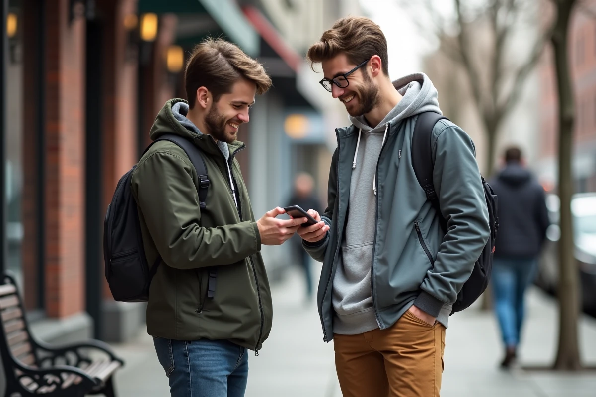 Jeune homme dans la rue partageant un sourire avec un ami