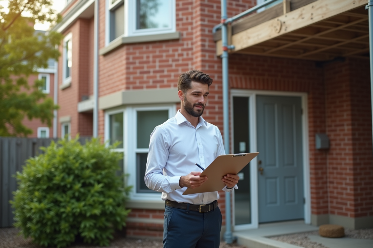 Jeune homme prenant notes devant une maison en rénovation