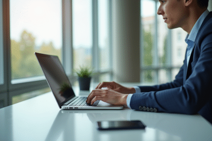 Jeune professionnel travaillant sur un ordinateur dans un bureau lumineux