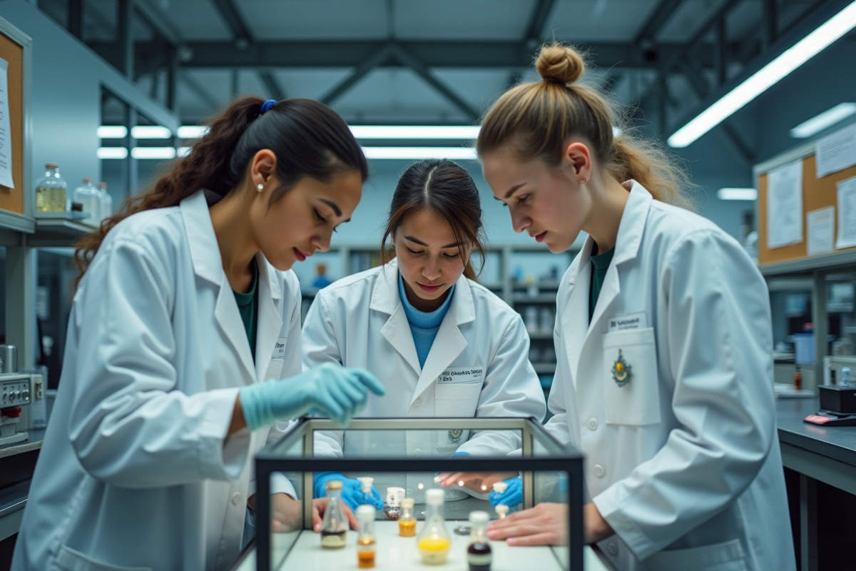 Groupe de jeunes scientifiques examinant un échantillon atomique