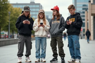 Groupe d'adolescents en streetwear tendance 2025 dans une place urbaine