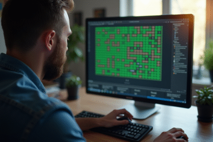 Personne concentrée sur un écran de Minesweeper avec lumière naturelle