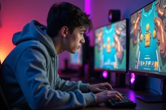Joueur concentré sur sa stratégie TFT devant son écran de jeu avec interface de gestion d'or