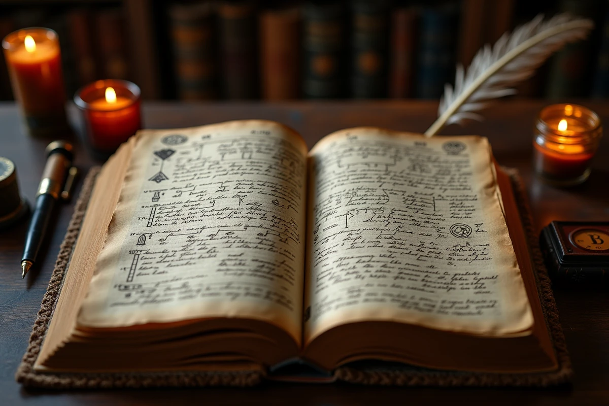 Gros plan sur un journal ancien ouvert révélant un arbre généalogique manuscrit et des symboles mystérieux liés à la lignée de la famille D dans l'univers de One Piece