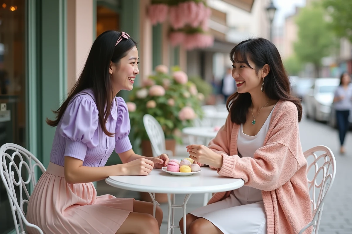 Deux femmes en tenues kawaii pastel partageant des macarons et des mochis à la terrasse d'un café décoré de fleurs, dans une atmosphère joyeuse et bienveillante