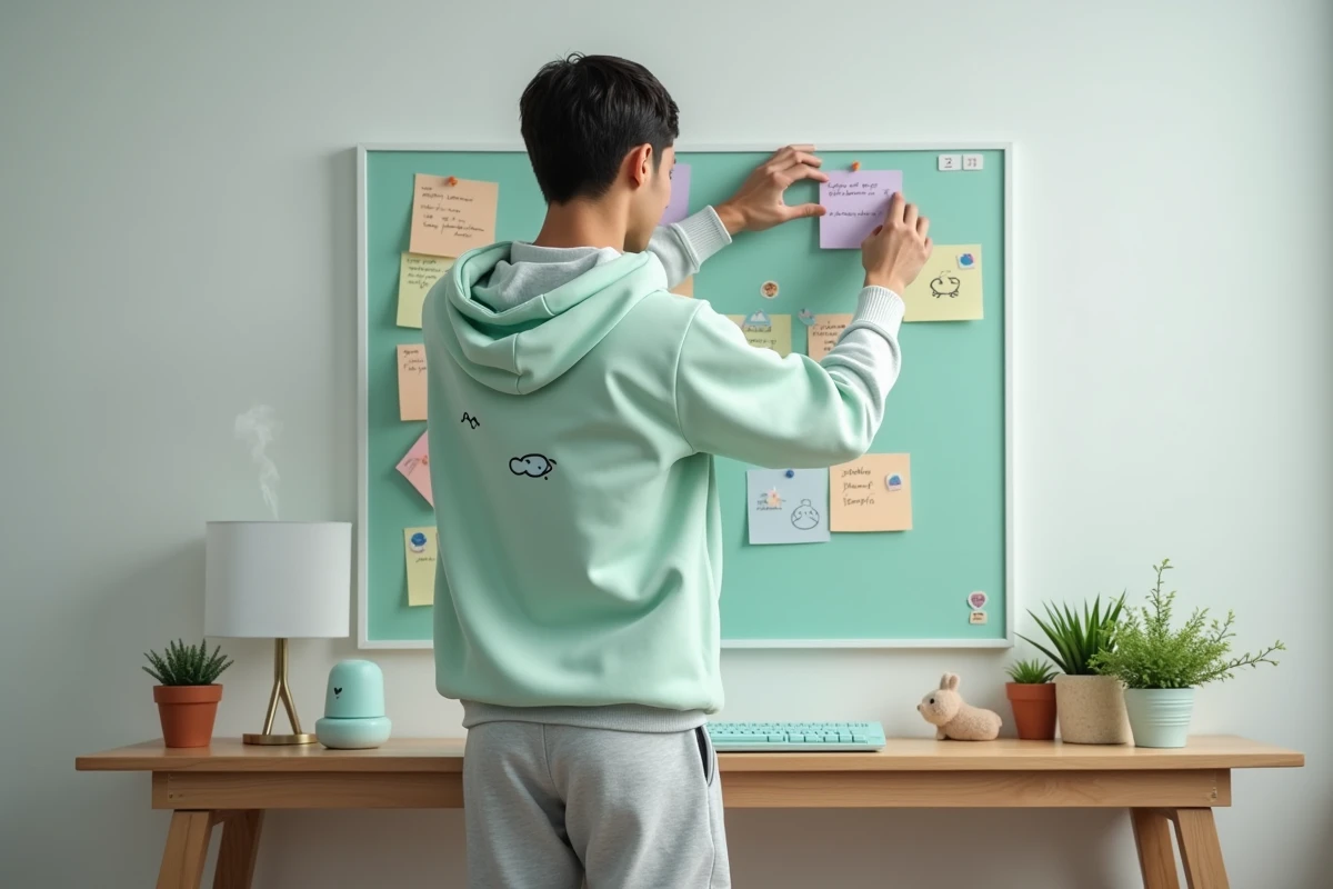 Jeune homme en sweat kawaii vert menthe organisant un bureau minimaliste décoré de stickers et de plantes, dans une ambiance zen et créative