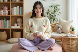 Jeune femme en tenue kawaii pastel tenant une tasse dans un appartement cosy et apaisant, entourée de peluches et d'objets décoratifs doux