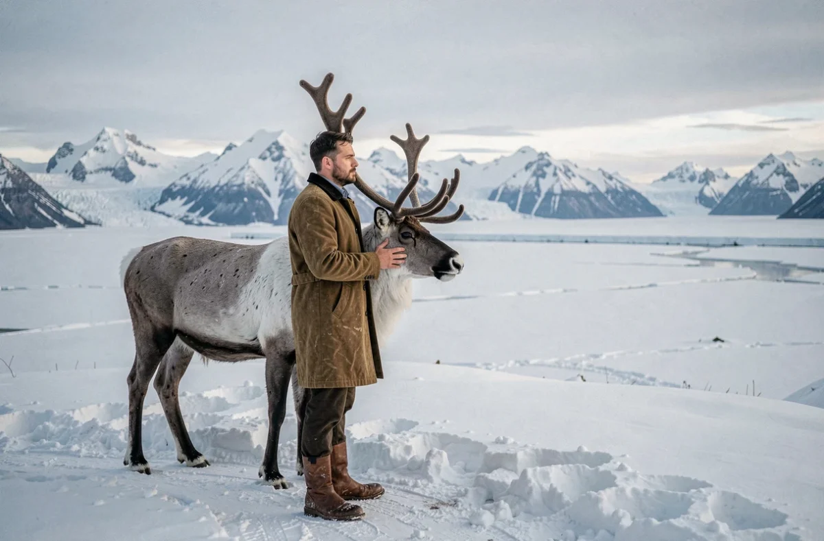 Homme et renne debout sur un plateau montagneux enneigé face à un panorama nordique glacé, référence à l'univers aventurier des chansons de Kristoff dans Frozen