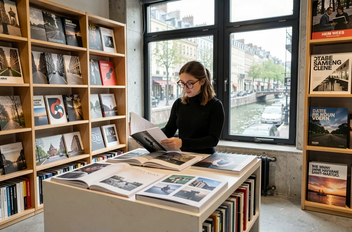 Intérieur de la librairie Artazart sur le Canal Saint-Martin à Paris avec une cliente feuilletant un grand livre de photographie
