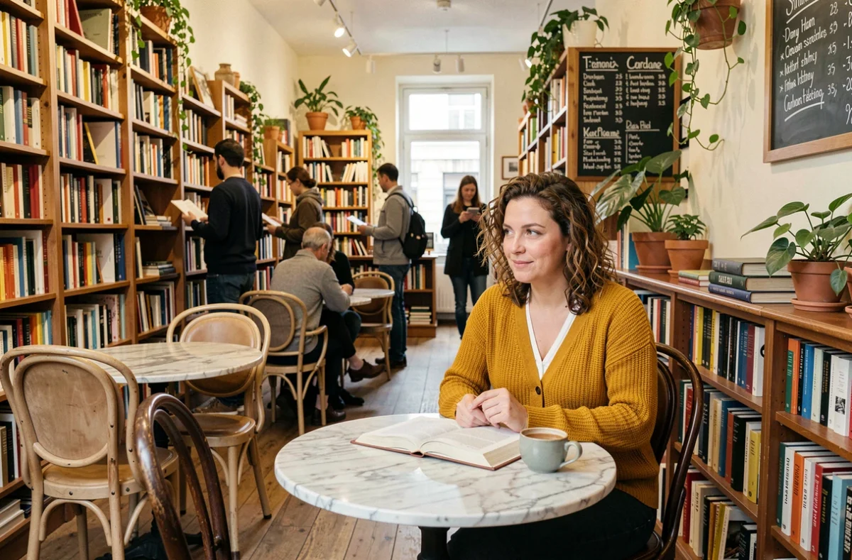 Intérieur chaleureux de la Librairie-Café La Suite à Paris avec une cliente lisant un roman devant un café